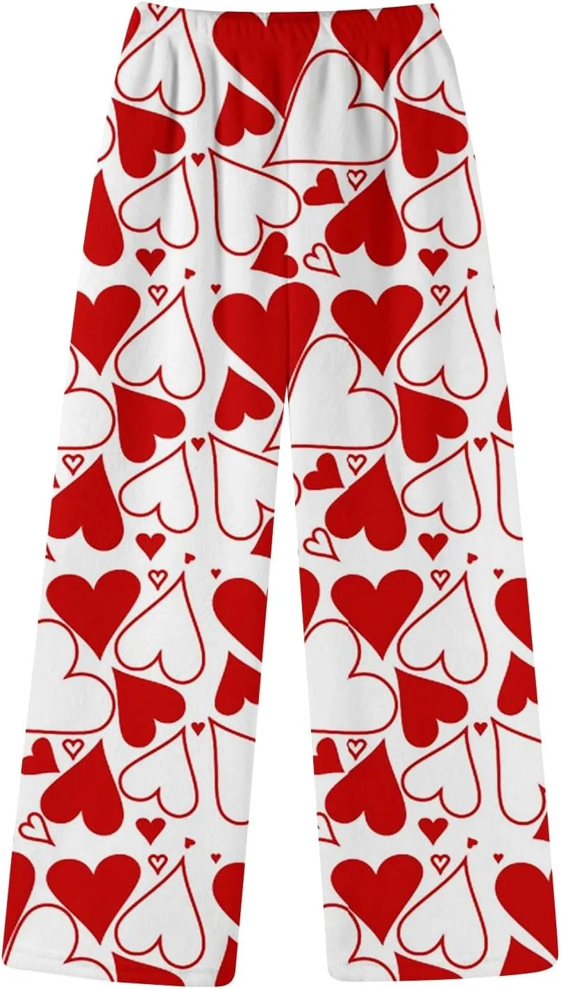 Pajama Pants Women Valentine Flannel Pajamas Lounge Fuzzy Wide Leg Pants Casual Heart Print Elastic Waist Trousers