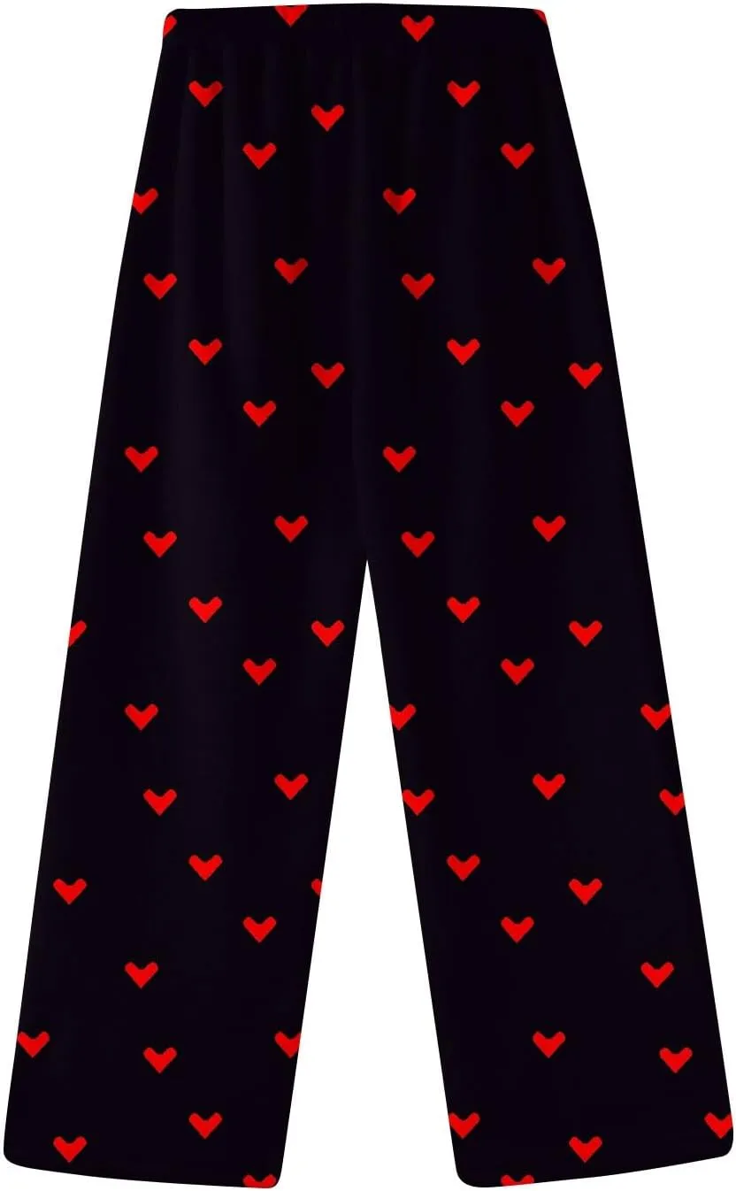 Pajama Pants Women Valentine Flannel Pajamas Lounge Fuzzy Wide Leg Pants Casual Heart Print Elastic Waist Trousers