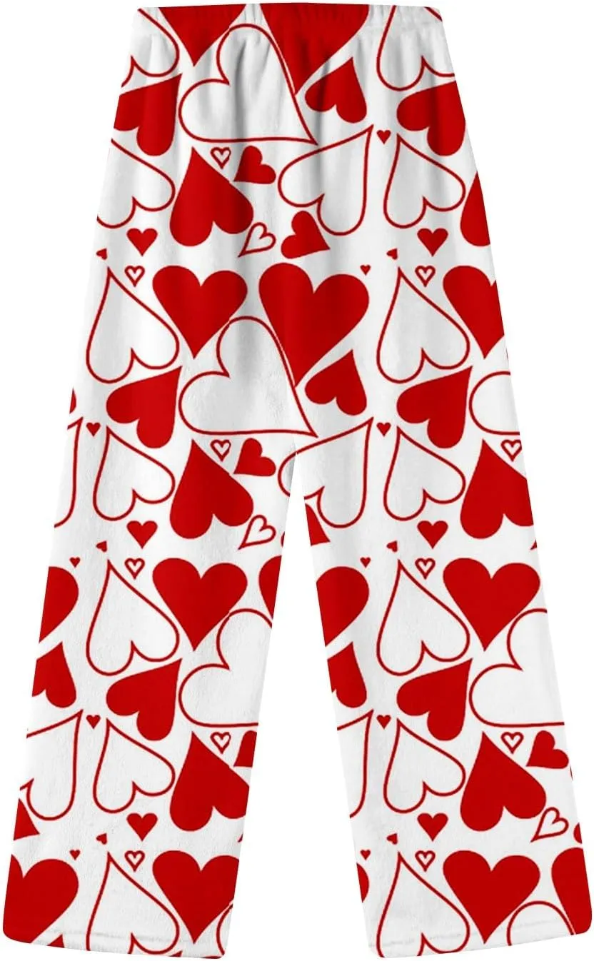 Pajama Pants Women Valentine Flannel Pajamas Lounge Fuzzy Wide Leg Pants Casual Heart Print Elastic Waist Trousers