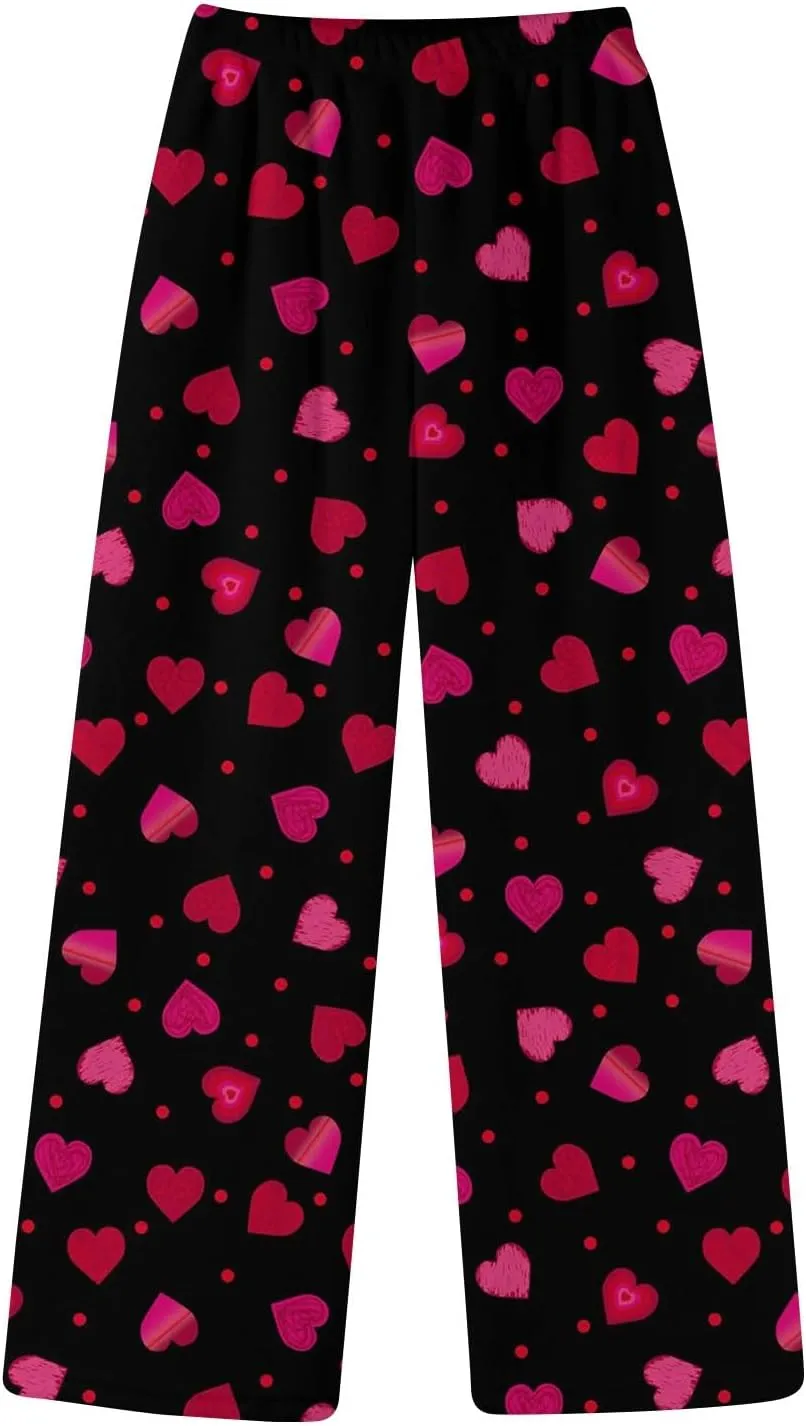 Pajama Pants Women Valentine Flannel Pajamas Lounge Fuzzy Wide Leg Pants Casual Heart Print Elastic Waist Trousers