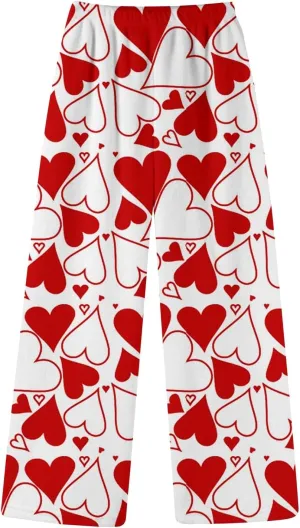 Pajama Pants Women Valentine Flannel Pajamas Lounge Fuzzy Wide Leg Pants Casual Heart Print Elastic Waist Trousers