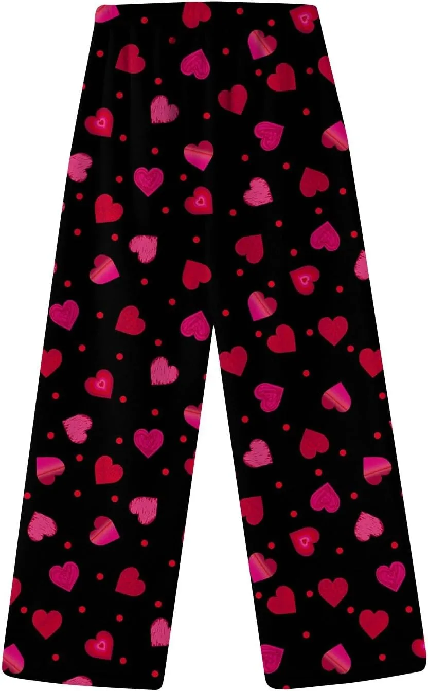 Pajama Pants Women Valentine Flannel Pajamas Lounge Fuzzy Wide Leg Pants Casual Heart Print Elastic Waist Trousers