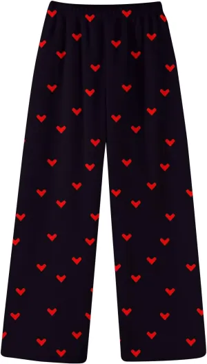 Pajama Pants Women Valentine Flannel Pajamas Lounge Fuzzy Wide Leg Pants Casual Heart Print Elastic Waist Trousers