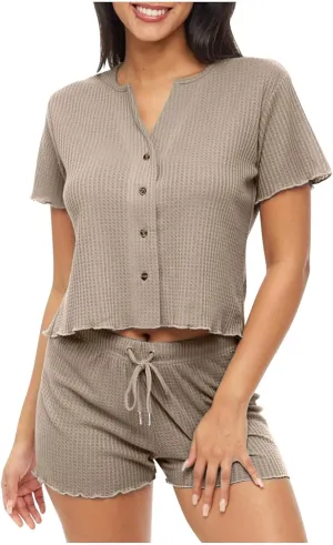 Pajama Set for Women Short Sleeve Button Navel Exposed and Drawstring Lace Hem Short Lounge Pant 2 Piece Pjs Set
