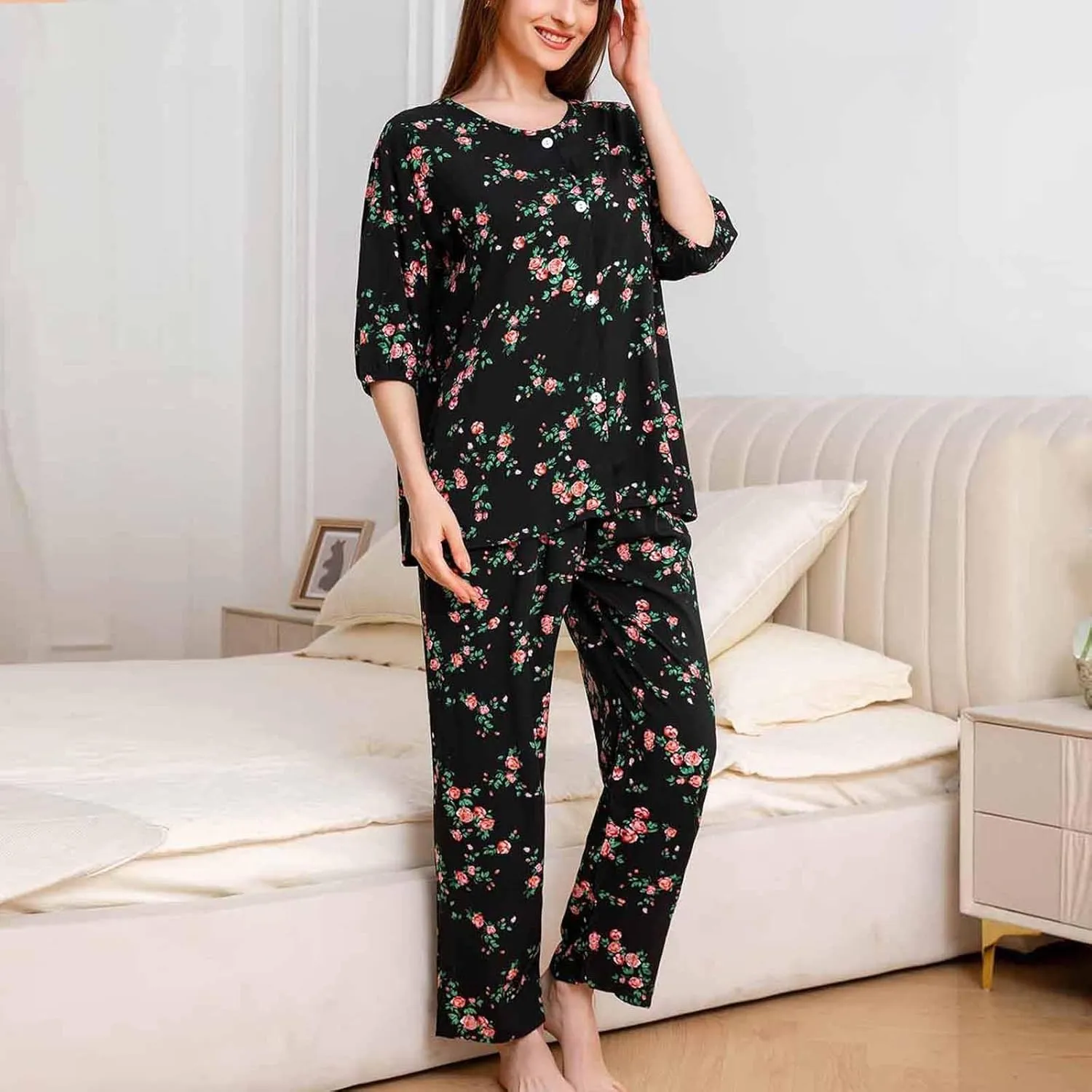 Pajama Set for Women Summer Mid Sleeve Shorts Printed and Long Lounge Pant with Pockets Ladies Pjs Sets