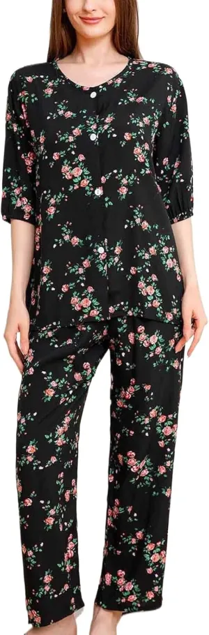 Pajama Set for Women Summer Mid Sleeve Shorts Printed and Long Lounge Pant with Pockets Ladies Pjs Sets