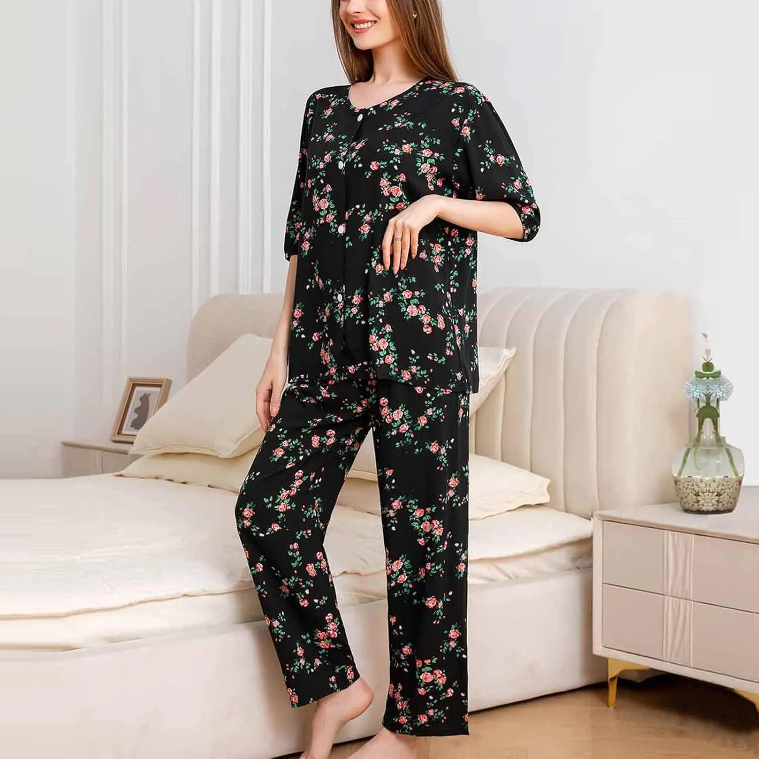Pajama Set for Women Summer Mid Sleeve Shorts Printed and Long Lounge Pant with Pockets Ladies Pjs Sets