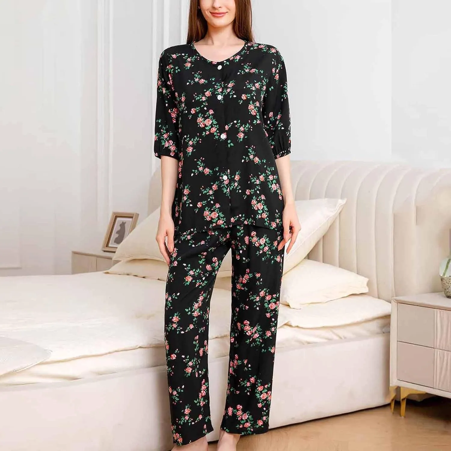 Pajama Set for Women Summer Mid Sleeve Shorts Printed and Long Lounge Pant with Pockets Ladies Pjs Sets