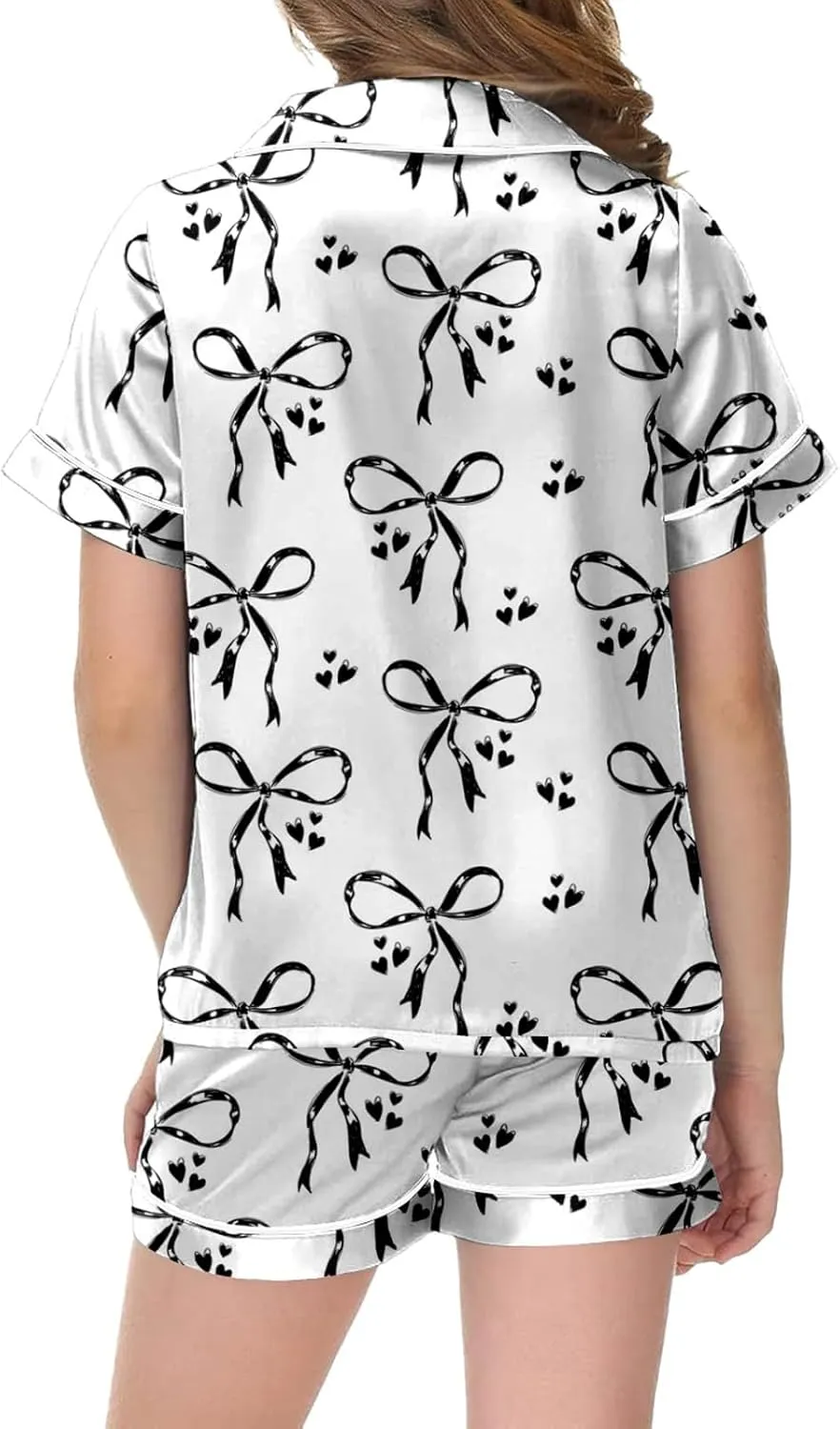 Pajama Set Silk Satin Cute Bow Print Button Down Shirt and Pajamas Shorts Sleepwear 2 Piece Casual Loungewear
