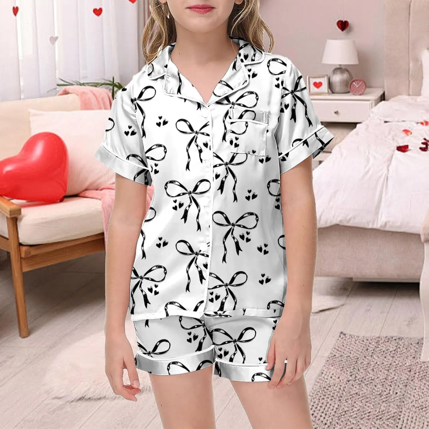  Pajama Set Silk Satin Cute Bow Print Button Down Shirt and Pajamas Shorts Sleepwear 2 Piece Casual Loungewear