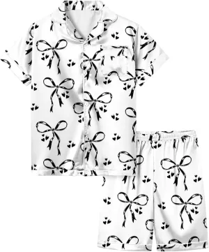  Pajama Set Silk Satin Cute Bow Print Button Down Shirt and Pajamas Shorts Sleepwear 2 Piece Casual Loungewear