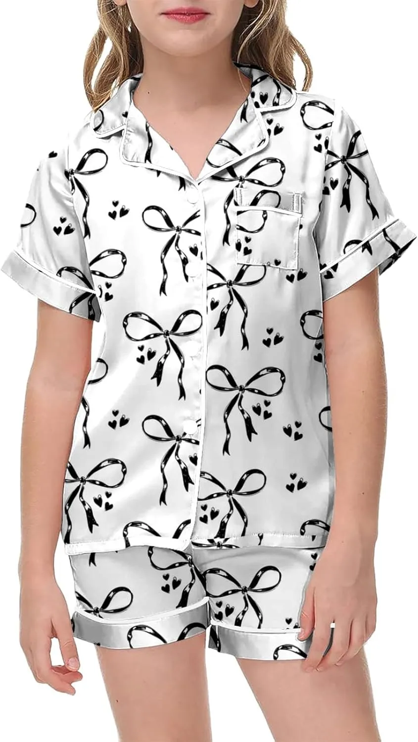  Pajama Set Silk Satin Cute Bow Print Button Down Shirt and Pajamas Shorts Sleepwear 2 Piece Casual Loungewear