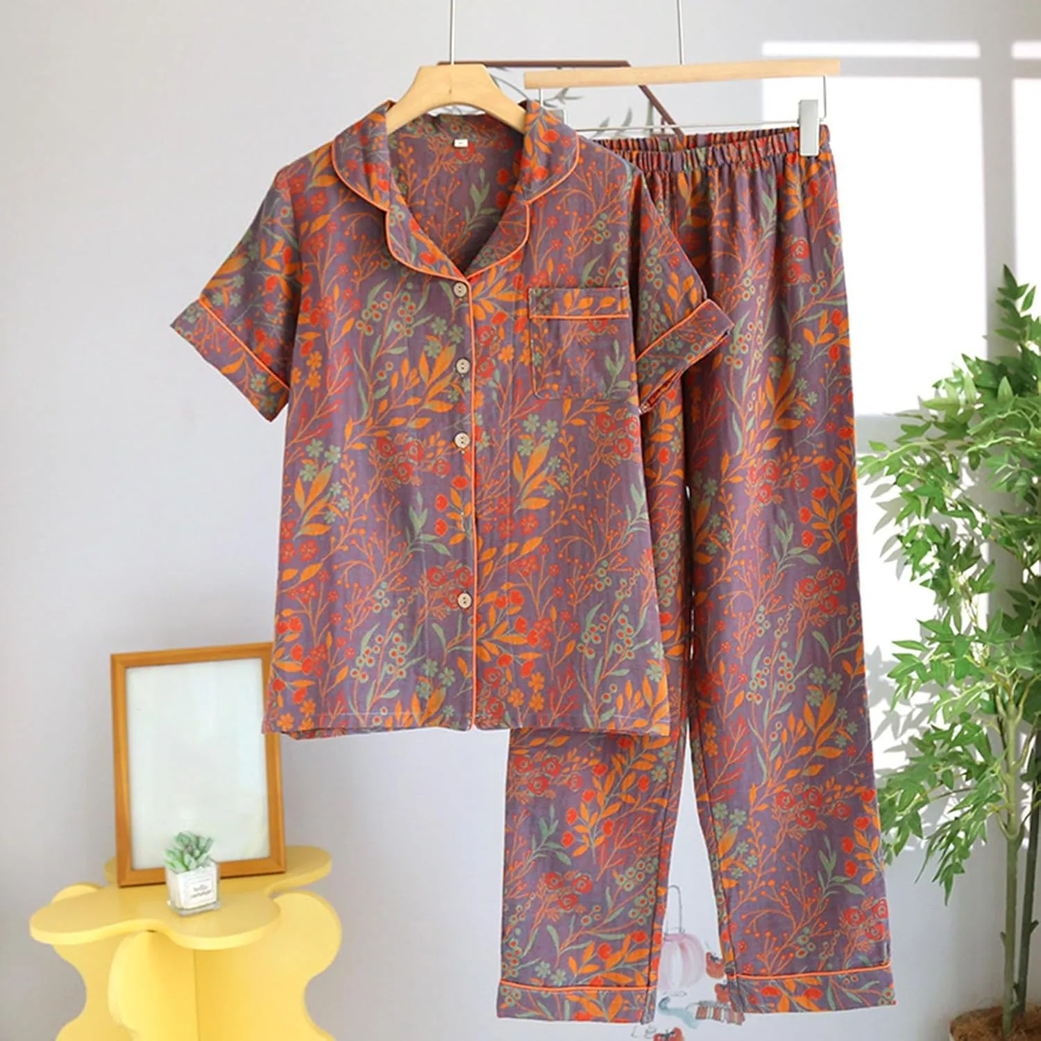 Pajama Sets for Women 2 Piece Short Sleeve Cotton Cute Boho Floral Printed Button Down Lounge Sleepwear with Pockets