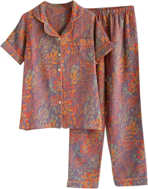Pajama Sets for Women 2 Piece Short Sleeve Cotton Cute Boho Floral Printed Button Down Lounge Sleepwear with Pockets