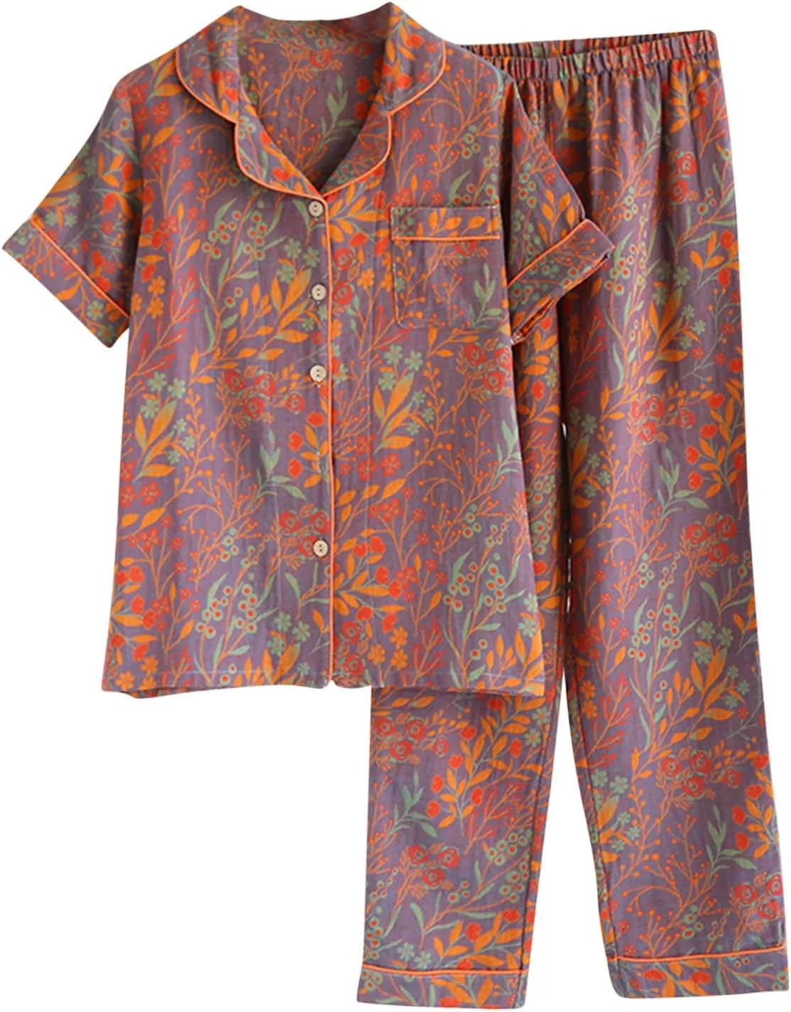 Pajama Sets for Women 2 Piece Short Sleeve Cotton Cute Boho Floral Printed Button Down Lounge Sleepwear with Pockets