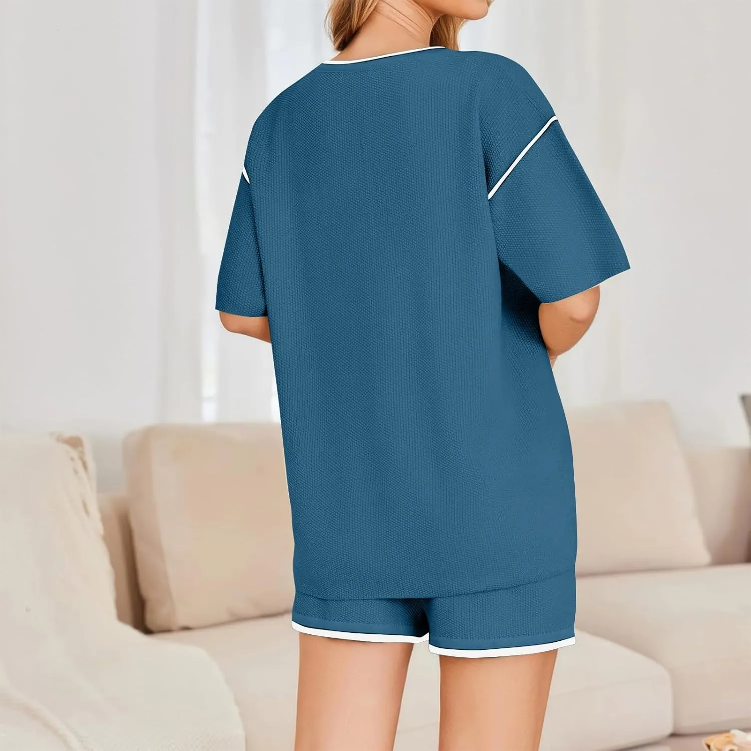 Pajama Sets for Women 2 Piece Waffle Knit Solid/Printed Crew Neck Pjs Soft Short Sleeve Top and Shorts Lounge Set