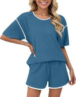 Pajama Sets for Women 2 Piece Waffle Knit Solid/Printed Crew Neck Pjs Soft Short Sleeve Top and Shorts Lounge Set
