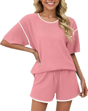 Pajama Sets for Women 2 Piece Waffle Knit Solid/Printed Crew Neck Pjs Soft Short Sleeve Top and Shorts Lounge Set