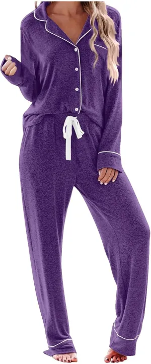 Pajamas for Women 2 Piece Lounge Set Long Sleeve Button Up Tops and Long Pant Sleepwear Loose Fit Casual 2 Piece Pjs