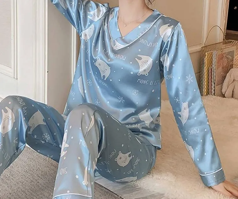 Pajamas for Women Autumn V-Neck Long-Sleeved Ice Silk Pyjamas Ladies X3971987