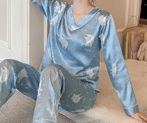 Pajamas for Women Autumn V-Neck Long-Sleeved Ice Silk Pyjamas Ladies X3971987