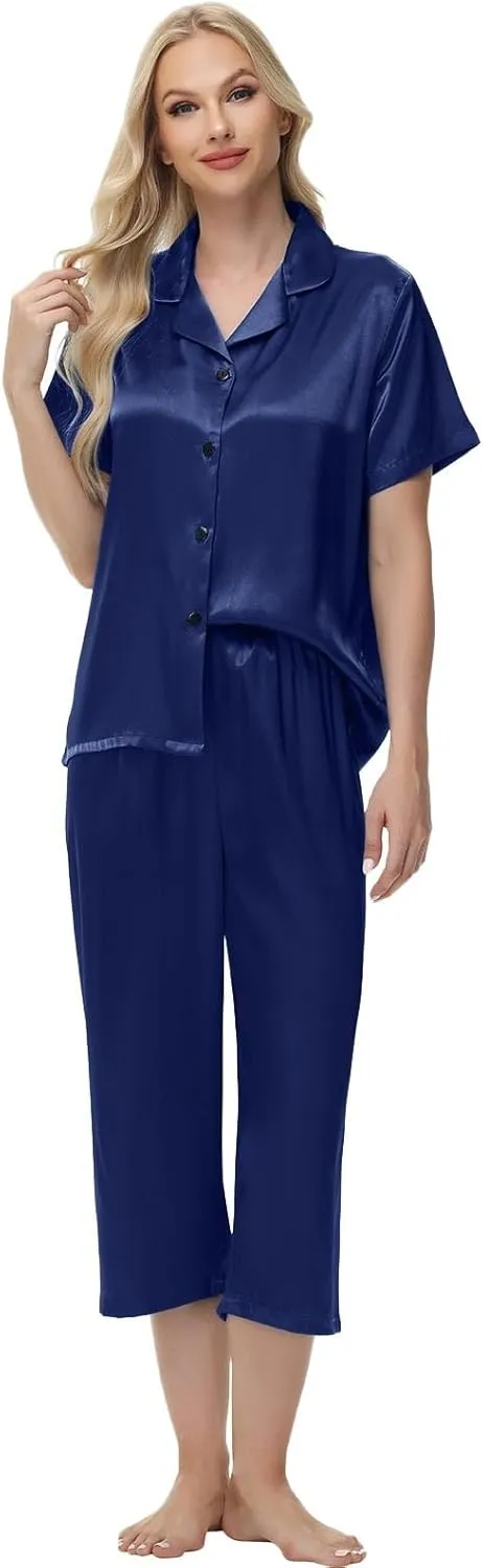 Pajamas For Women Satin Cute 2 Piece Pjs Lounge Long Sleeve Set V Neck Button Down Pj Trendy Spring Pants Plus Size Pajama
