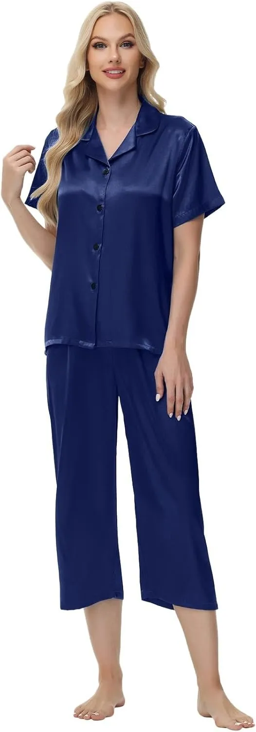 Pajamas For Women Satin Cute 2 Piece Pjs Lounge Long Sleeve Set V Neck Button Down Pj Trendy Spring Pants Plus Size Pajama
