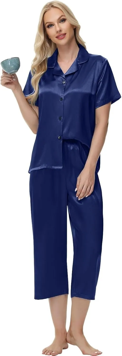 Pajamas For Women Satin Cute 2 Piece Pjs Lounge Long Sleeve Set V Neck Button Down Pj Trendy Spring Pants Plus Size Pajama