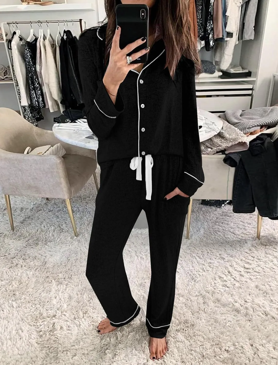 Pajamas For Women Set 2 Piece Pjs Set Long Sleeve Button Up Lounge Set Sleep Wear With Pockets