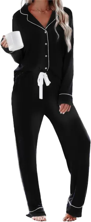 Pajamas For Women Set 2 Piece Pjs Set Long Sleeve Button Up Lounge Set Sleep Wear With Pockets