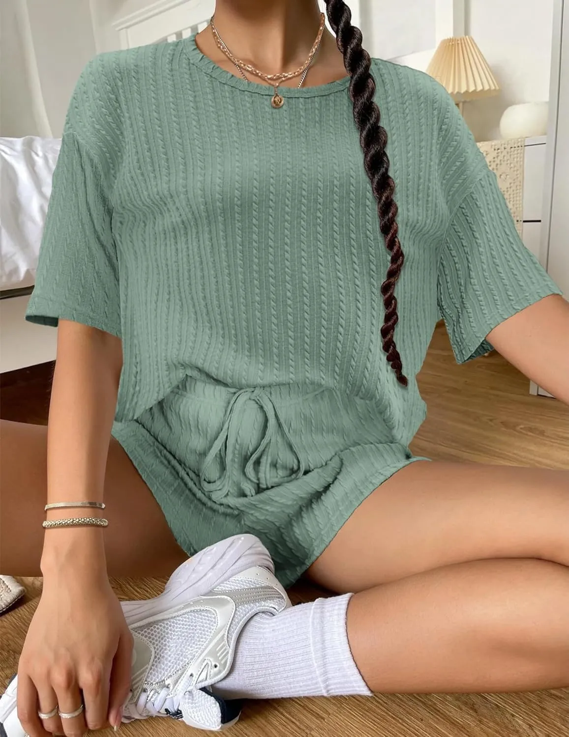 Pajamas for Women Set Summer Crewneck Short Sleeve Tops and Pj Shorts Set Loungewear Lounge Loose Fit Outfits 2025