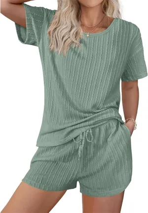 Pajamas for Women Set Summer Crewneck Short Sleeve Tops and Pj Shorts Set Loungewear Lounge Loose Fit Outfits 2025