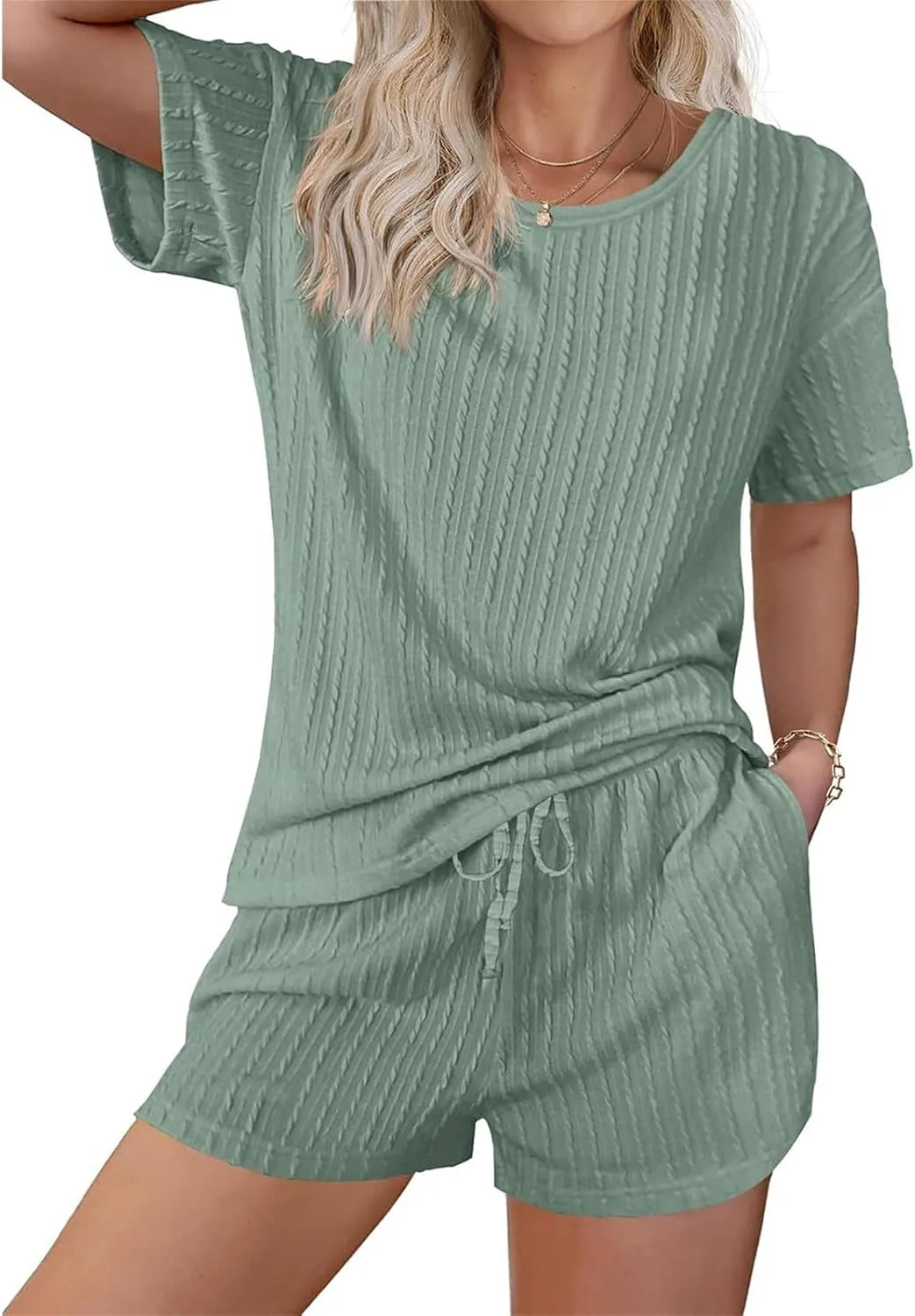 Pajamas for Women Set Summer Crewneck Short Sleeve Tops and Pj Shorts Set Loungewear Lounge Loose Fit Outfits 2025