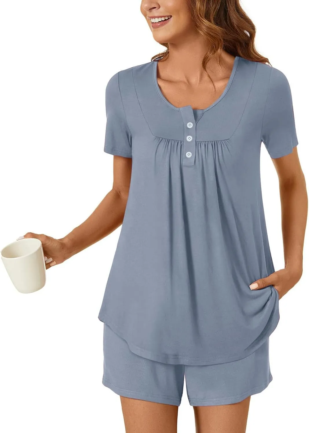 Pajamas for Women Set Summer Round Neck Button Down Pajama Set Fashion Short Pajamas Casual Loose Loungewear
