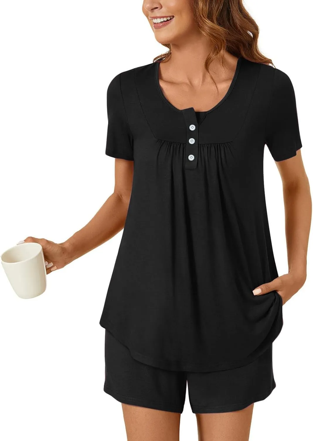 Pajamas for Women Set Summer Round Neck Button Down Pajama Set Fashion Short Pajamas Casual Loose Loungewear