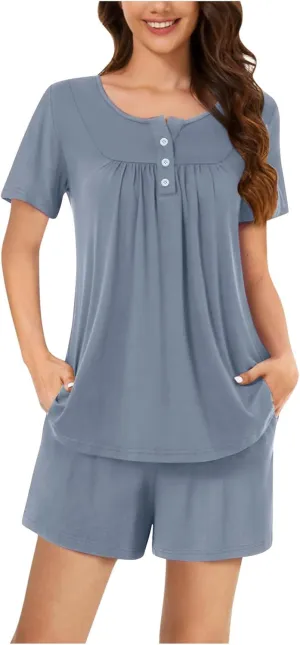 Pajamas for Women Set Summer Round Neck Button Down Pajama Set Fashion Short Pajamas Casual Loose Loungewear