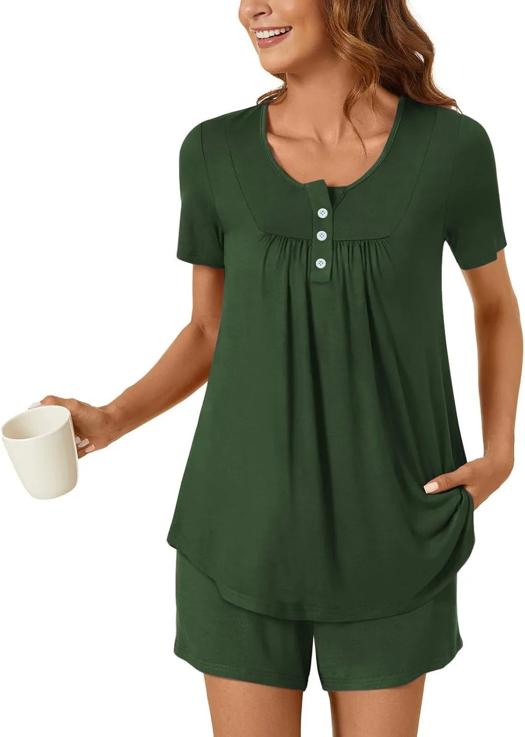 Pajamas for Women Set Summer Round Neck Button Down Pajama Set Fashion Short Pajamas Casual Loose Loungewear