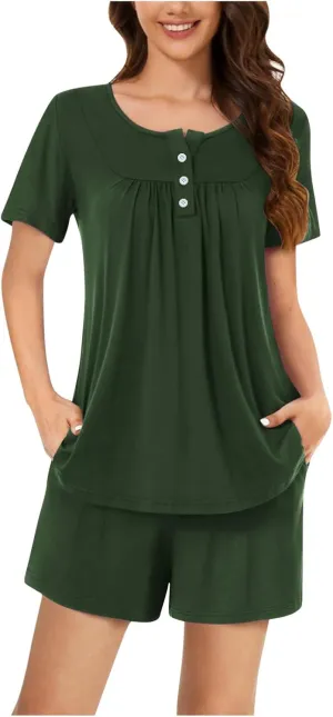 Pajamas for Women Set Summer Round Neck Button Down Pajama Set Fashion Short Pajamas Casual Loose Loungewear