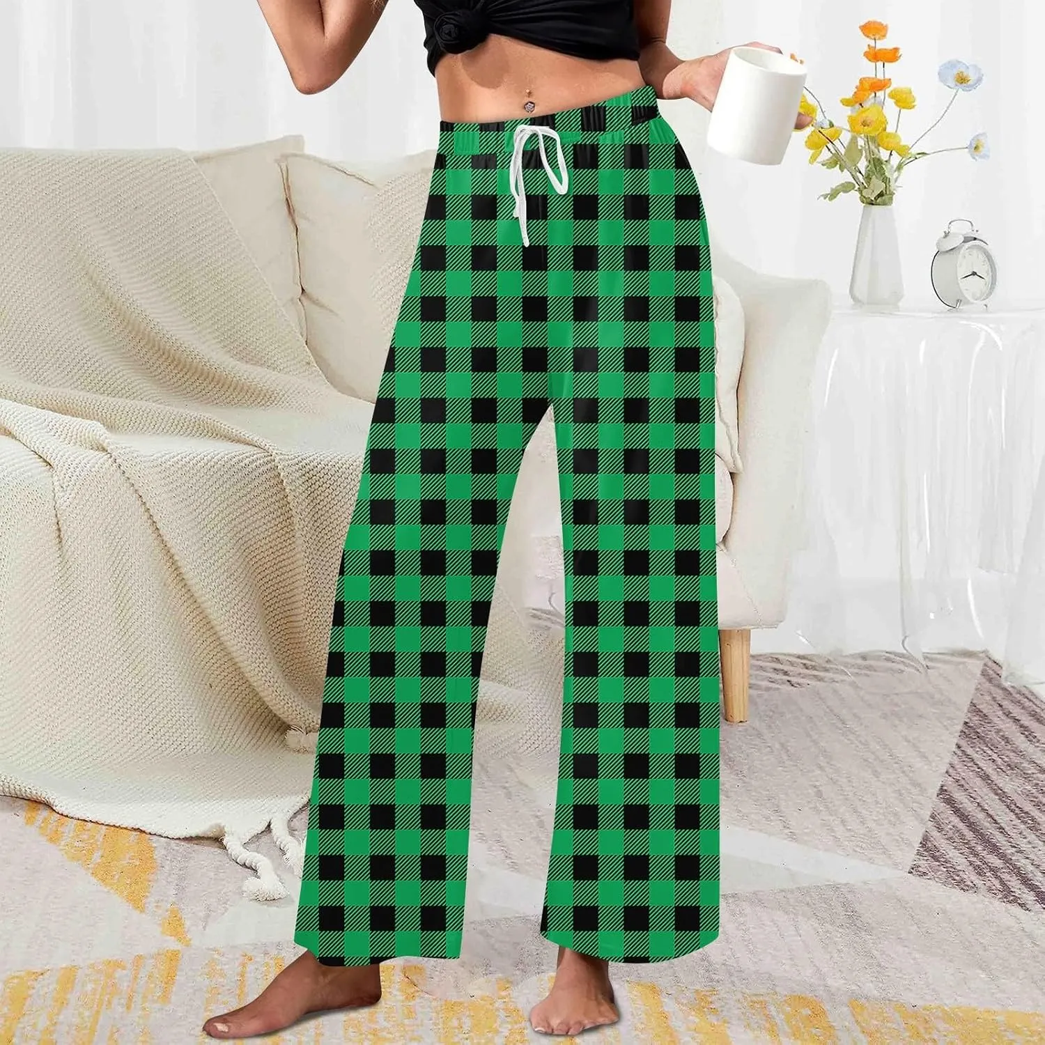 Pajamas Pants for Women Plaid Pants Wide Leg Comfy Loose Stretchy Drawstring Sleep Bottom with Pockets