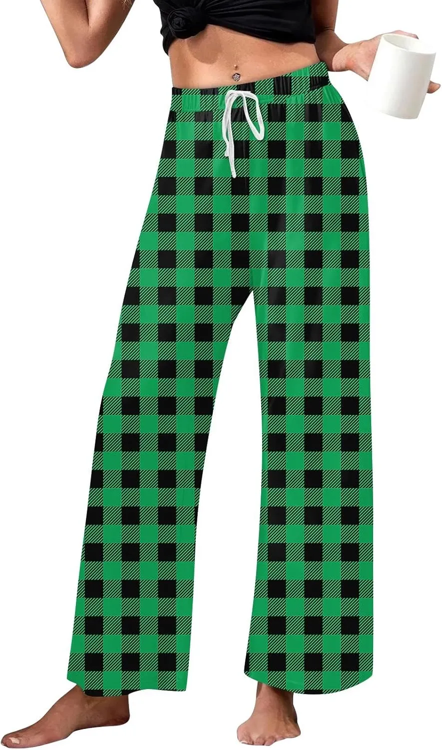Pajamas Pants for Women Plaid Pants Wide Leg Comfy Loose Stretchy Drawstring Sleep Bottom with Pockets