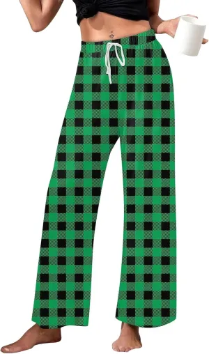 Pajamas Pants for Women Plaid Pants Wide Leg Comfy Loose Stretchy Drawstring Sleep Bottom with Pockets