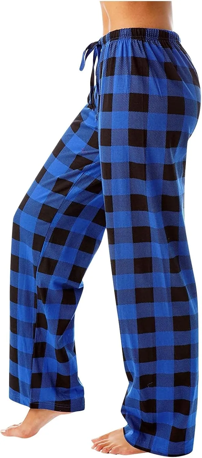 Pajamas Pants for Women Wide Leg Casual Comfy Loose Plaid Pants Stretchy Cute Sleep Bell Bottom Pajama Pants