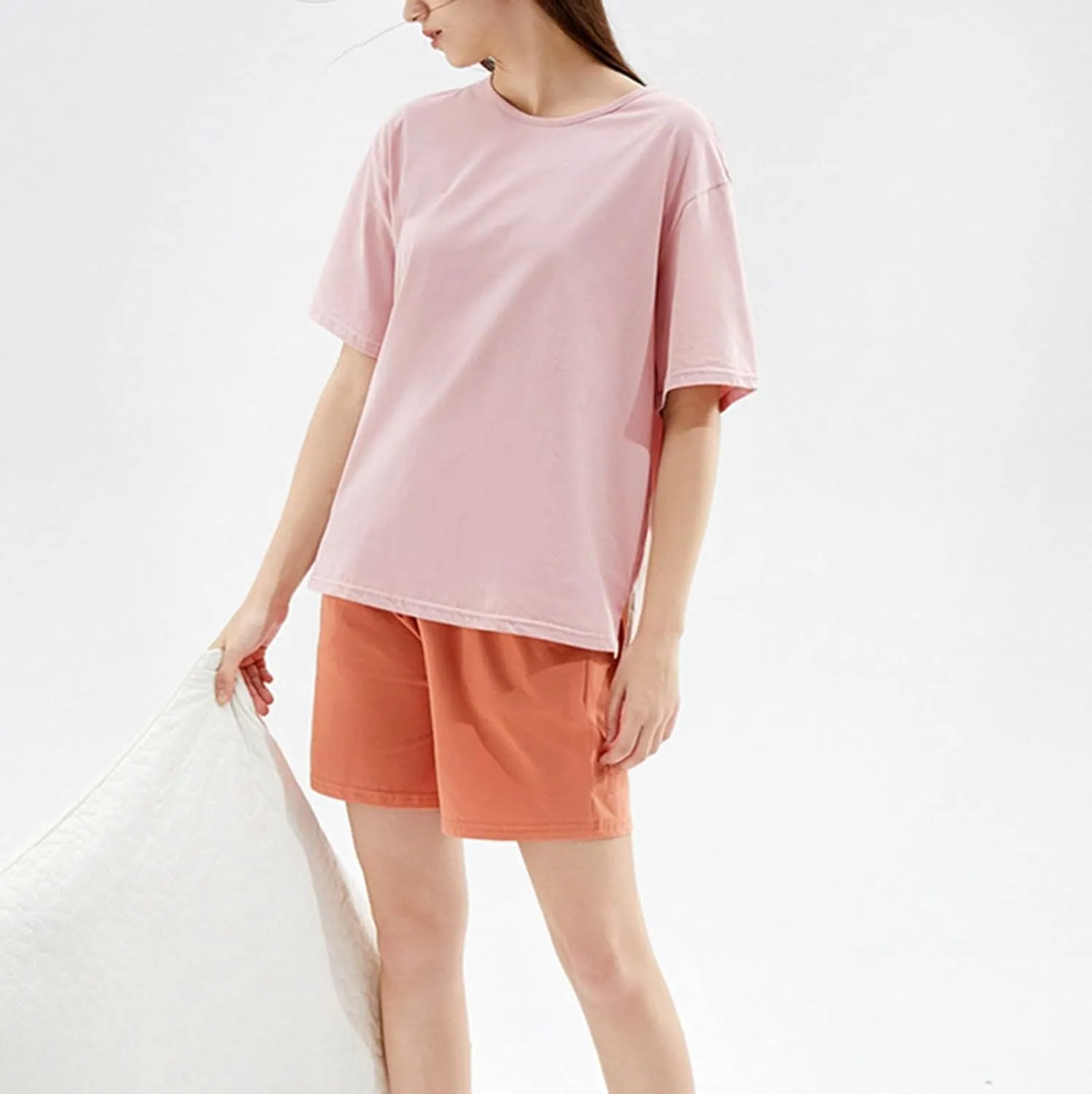 Pajamas Set for Women 2024 Solid Round-Neck Casual Short Sleeve Shirts and Elastic Short Lounge Pant 2 Piece Set