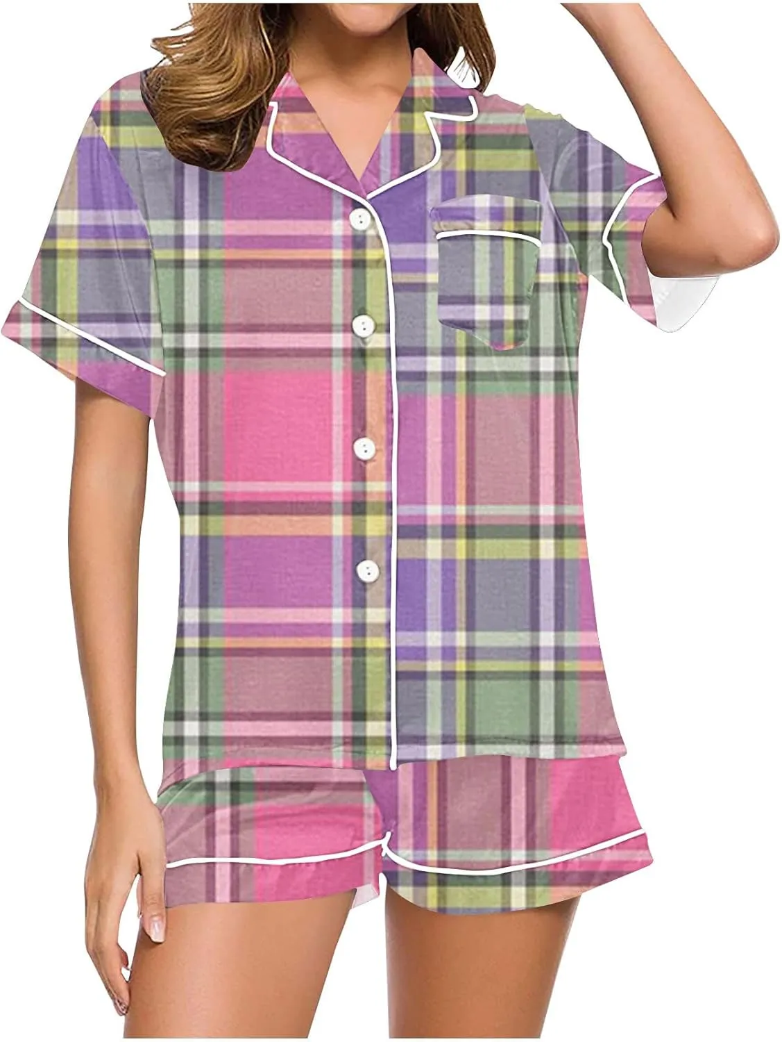 Pajamas Set for Women Summer Casual Loose Short Sleeve Printed V-Neck Tops and Short Lounge Pant Two Piece Pjs
