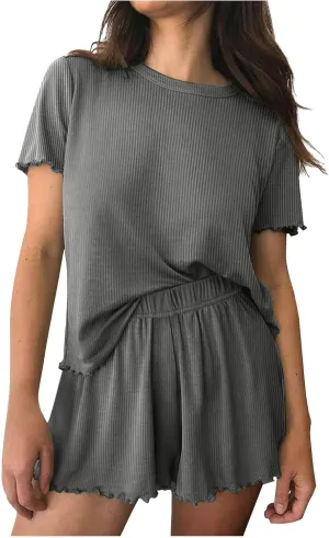 Pajamas Set for Women Summer Fashion Vertical Grid Round Neck Short Sleeve and Lace Hem Short Lounge Pant Pjs Set