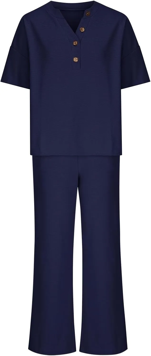 Pajamas Set for Women Summer Waffle V Neck Solid Mid-Sleeve and Long Lounge Trousers Home Suit Two Piece Sleepwear Set