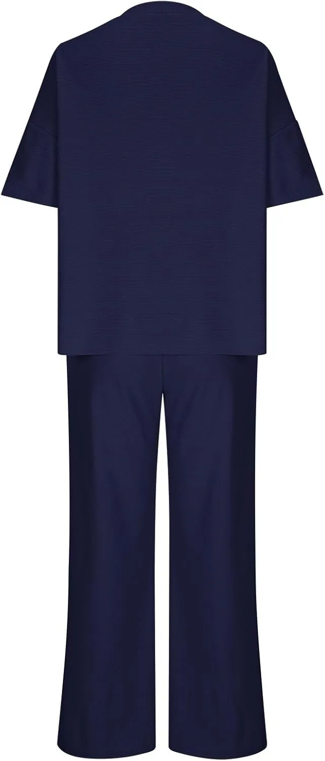 Pajamas Set for Women Summer Waffle V Neck Solid Mid-Sleeve and Long Lounge Trousers Home Suit Two Piece Sleepwear Set