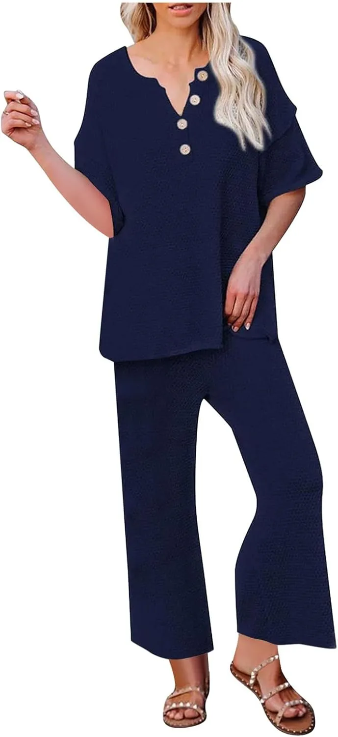 Pajamas Set for Women Summer Waffle V Neck Solid Mid-Sleeve and Long Lounge Trousers Home Suit Two Piece Sleepwear Set