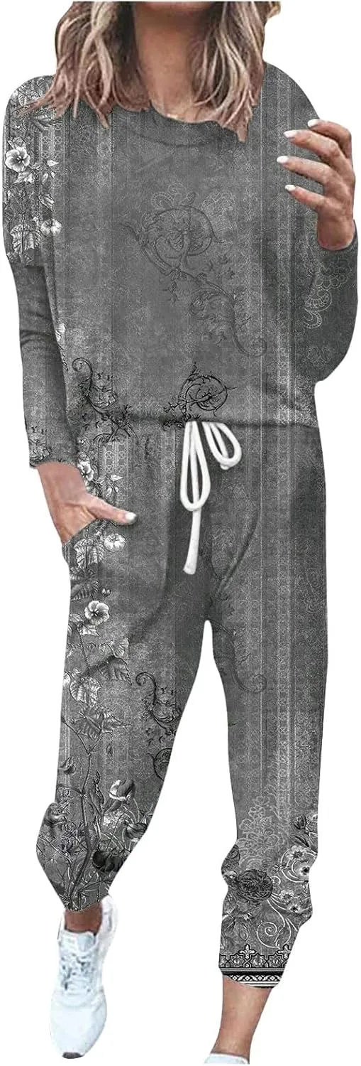 Pajamas Set for Women Women's Solid Color Casual Two Trouser Suit with Small Feet Round Neck 2-Piece Lounge