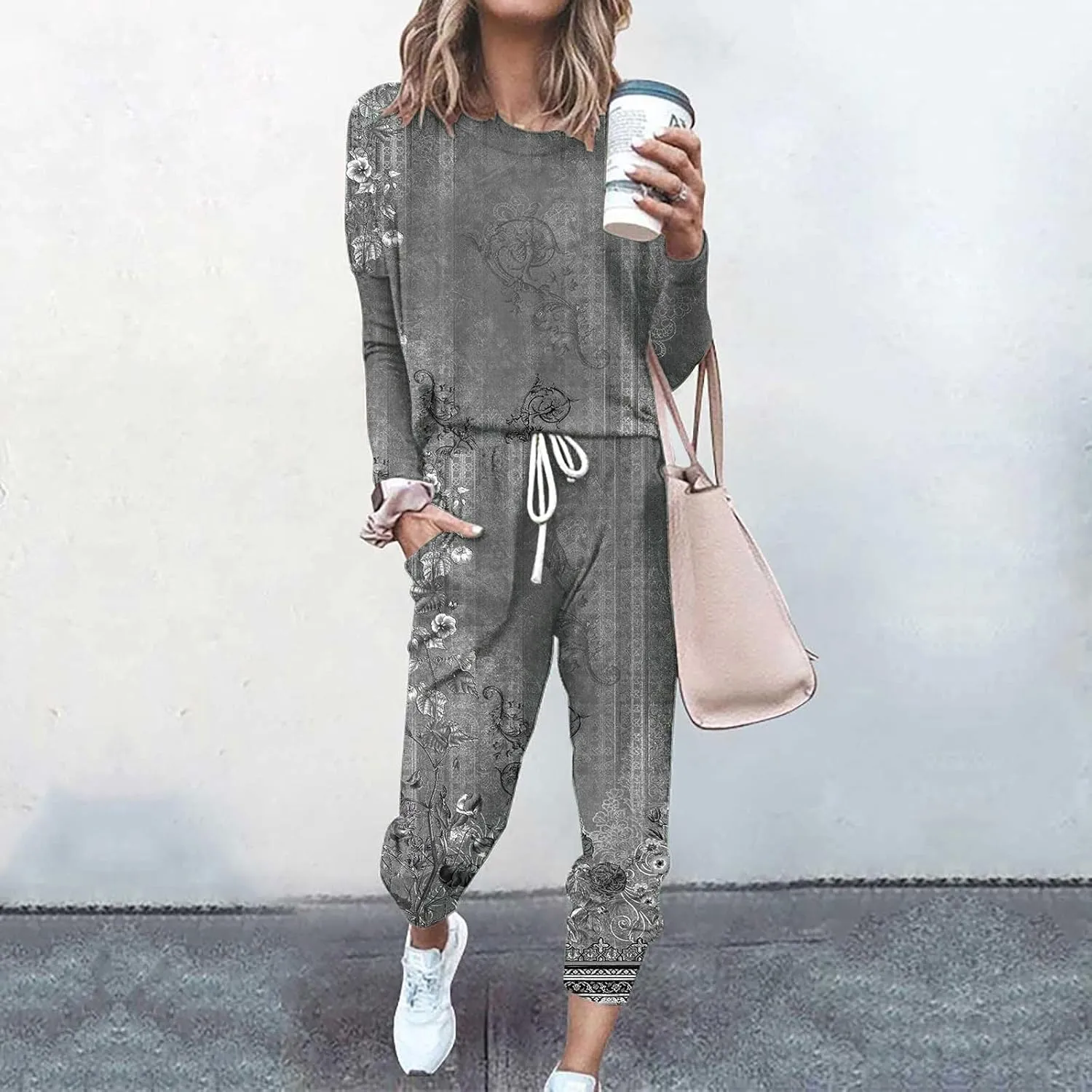 Pajamas Set for Women Women's Solid Color Casual Two Trouser Suit with Small Feet Round Neck 2-Piece Lounge